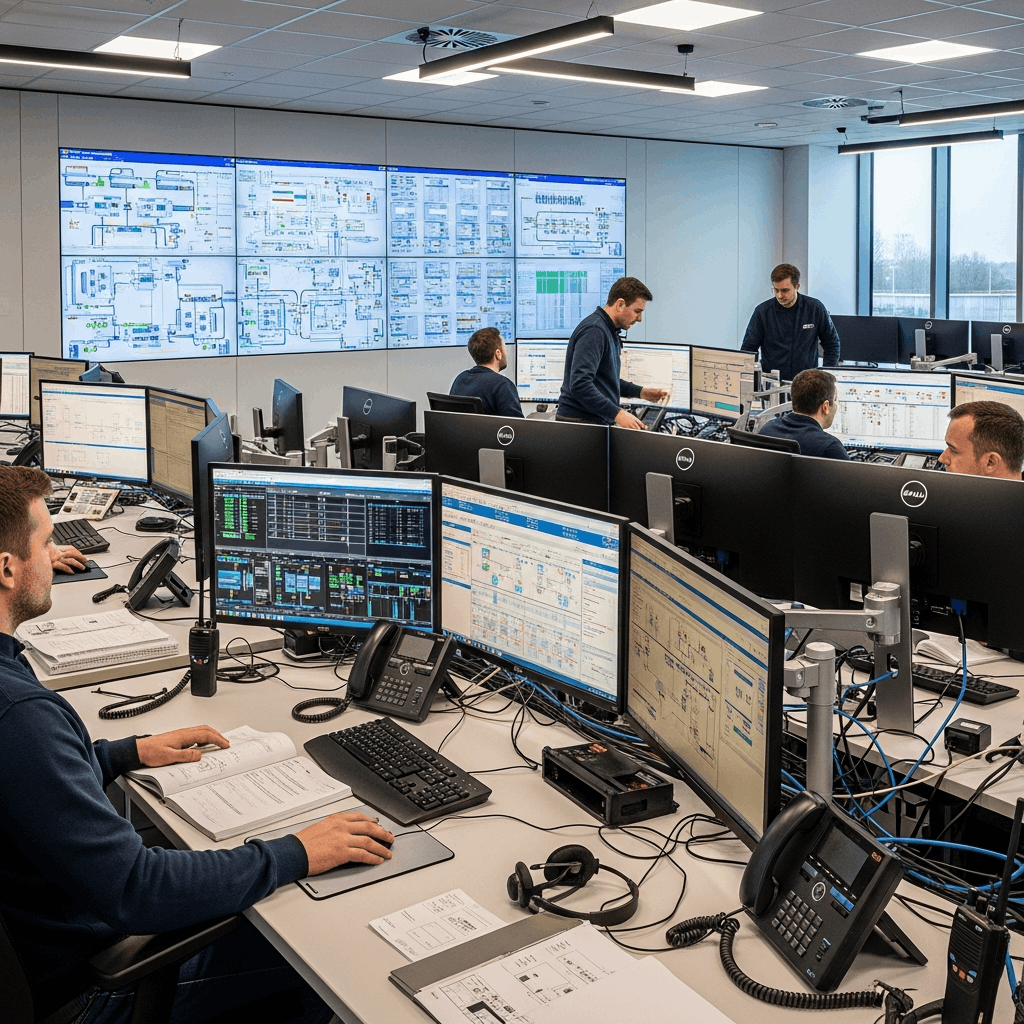 Engineers reviewing EPC commissioning schedule during system testing