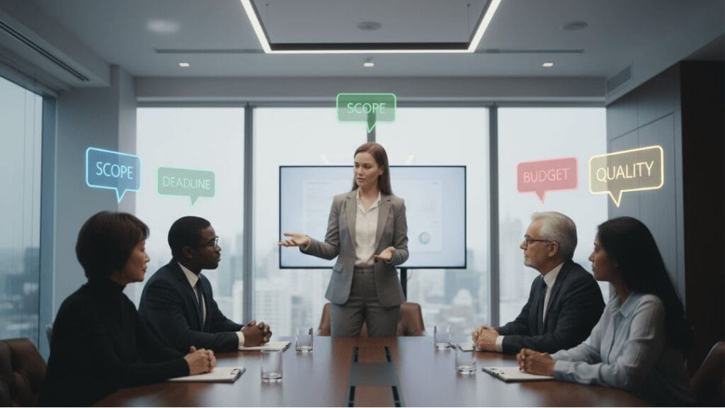 A project manager presenting to a group in a conference room, highlighting project elements like scope, deadline, budget, and quality with visual markers.