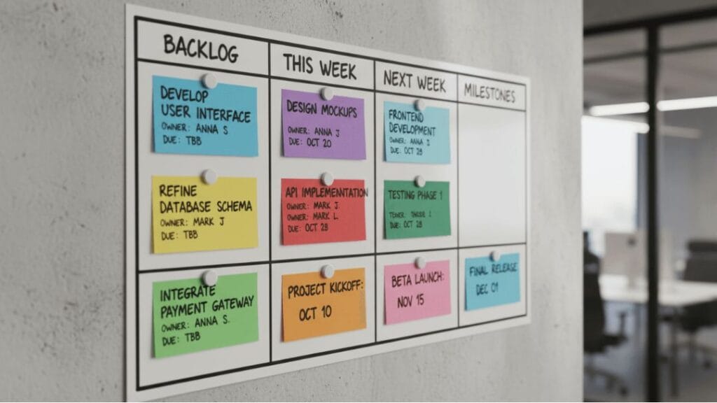 Kanban board displaying project tasks, organized into categories: Backlog, This Week, Next Week, and Milestones, with color-coded sticky notes indicating task details.